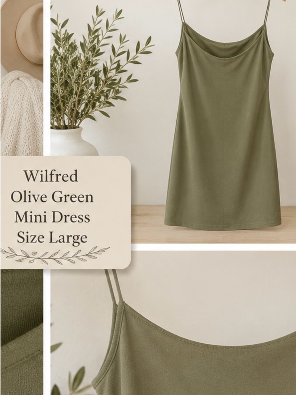 Wilfred Olive Green Slip Mini Dress with Spaghetti Straps